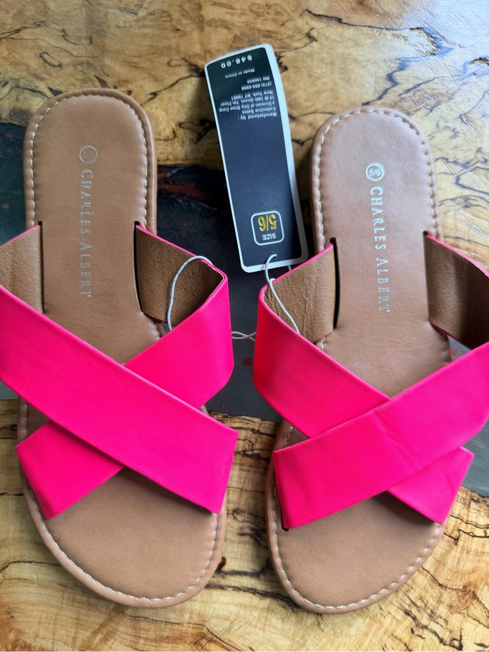 Charles Albert Neon Pink Sandals Womens 5/6 Crisscross Slide NWT Summer